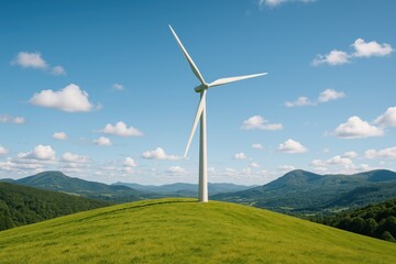 Renewable energy source featuring a wind turbine atop a hill in a natural setting