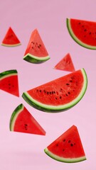 Watermelon slices in mid-air against pink