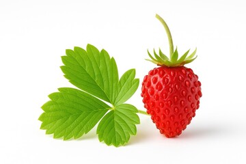 Single wild strawberry on a plain white backdrop