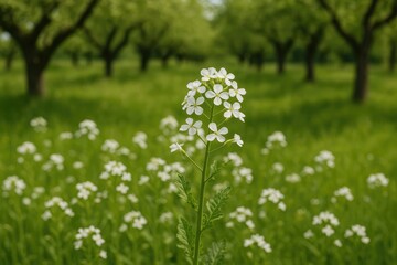 Fototapeta premium A cluster of white-flowered wild radish plants thriving in an ancient fruit orchard