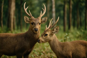 Majestic wild male hog deer roaming through a forested sanctuary