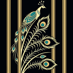 Elegant art deco illustration of a peacock and ornamental feather design on a black background
