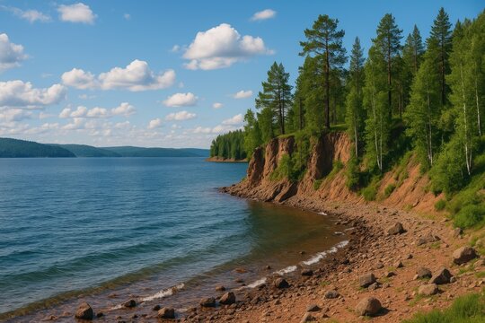 Scenic shoreline of Bratsk's coastal area at Cape Byk