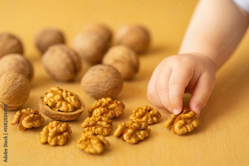Poster whole walnuts displayed on a table with some cracked open, showcasing the dried kernel inside. soft 