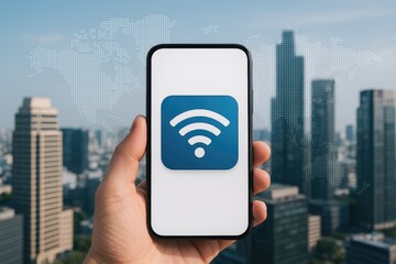 Flat Wi-Fi icon on a contemporary smartphone display with a global map and urban skyline, representing technology and connectivity