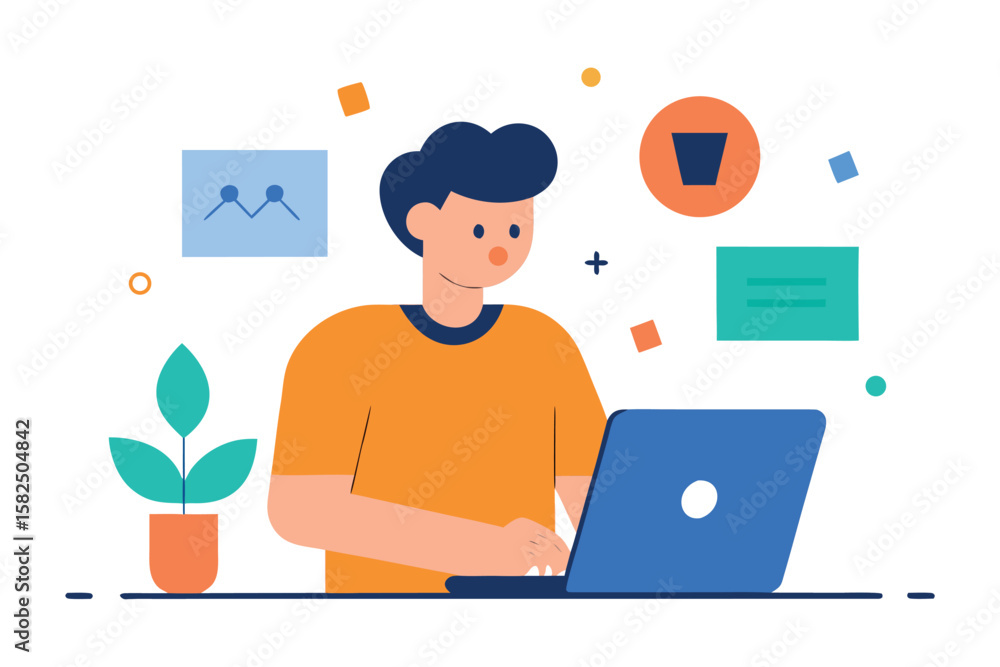 Poster man working on a laptop with digital concepts and charts