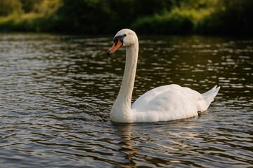 Elegant white swan gliding through the water