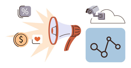 Megaphone amplifying money, heart, percentage icons, security camera, and analytics chart. Ideal for marketing, communication, advertising, data analysis surveillance social media and branding