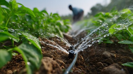 Innovative eco-smart irrigation system demonstrated by young agritech enthusiast in green space