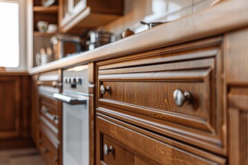 A warm wooden kitchen interior showcasing detailed cabinetry and appliances in a cozy home setting