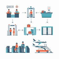 Airport security process diagram showing check-in, scanning, baggage handling, and boarding steps.