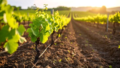 Rows of young grapevines in a vineyard at sunrise