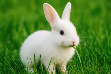 Green grass being eaten by a white rabbit