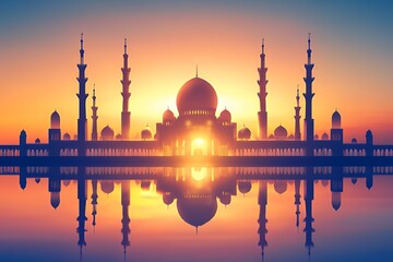 Fototapeta premium Majestic Mosque Silhouette at Sunrise Reflecting in Water