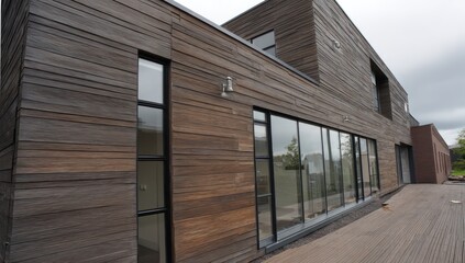 Installation of wood-texture composite cladding on a modern house, enhancing its exterior look.