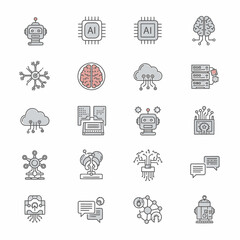 Naklejka premium Collection of various illustrated icons representing artificial intelligence and technology concepts.