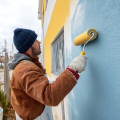 Exterior of a home being revitalized with a fresh coat of paint using a roller by a skilled worker.