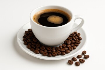 Obraz premium A white mug filled with coffee surrounded by coffee beans