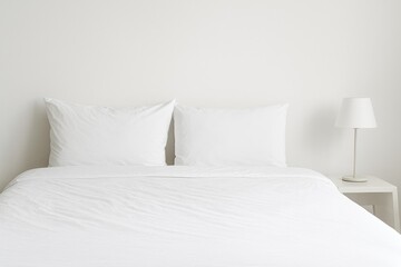 Bright bedroom featuring a white bed and a stylish lamp
