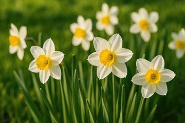 Outdoor display of white and yellow Narcissus flowers