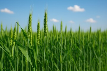 Obraz premium Lush green wheat plants swaying under a clear blue sky at dawn