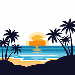 Silhouette illustration of a tropical beach at sunset.