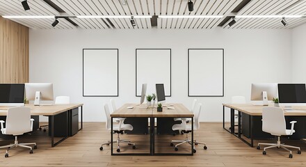 Minimalist business office interior with wooden furniture and three blank vertical mock-up frames on a white wall. Modern co-working space.