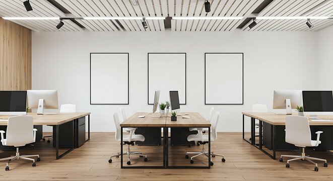 Minimalist business office interior with wooden furniture and three blank vertical mock-up frames on a white wall. Modern co-working space.