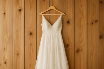 Bridal gown displayed on a hanger