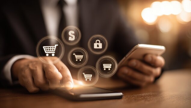 Businessman uses phone with shopping icons overlay