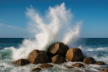 Ocean waves crashing against massive boulders and soaring into the air