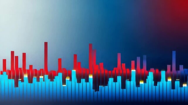 A red and blue bar graph shows a comparison of data for business and finance