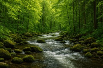 Fototapeta premium Untamed River Scene with Forest Backdrop