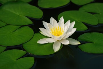A waterlily blooms amidst lush green foliage