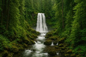 Untouched forest scene featuring a cascading waterfall