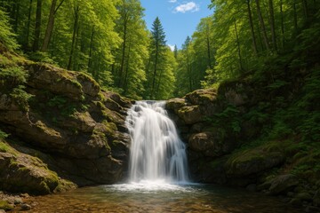 Obraz premium Mountain stream cascading through lush woods over rocky terrain