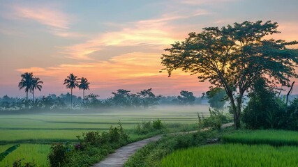 Sunrise over quiet rice fields with thin mist and glowing sky - Powered by Adobe