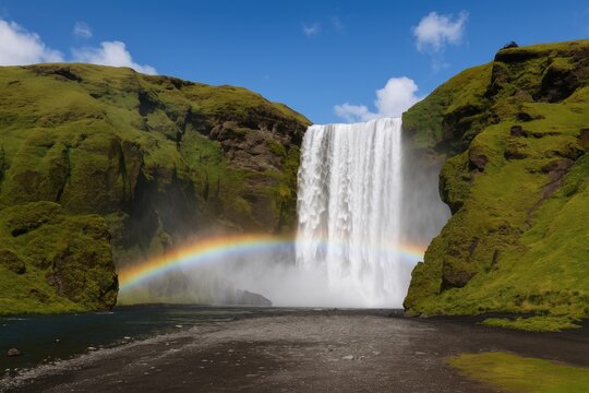 Majestic waterfall featuring vibrant rainbows against a clear blue sky on a southern coastline