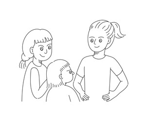 Cartoon outline illustration of family support and emotional care in mental health concept, compassionate listening, family therapy illustration.