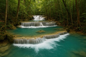 Obraz premium Serene forest scene featuring a flowing blue stream and cascading waterfall