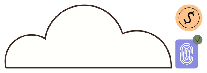 Outline cloud with a fingerprint and dollar coin symbolizing cloud storage, digital finance, secure authentication. Ideal for finance, technology, cybersecurity, cloud computing, online banking