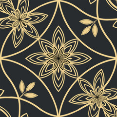 Elegant floral pattern in art deco style with golden decorative elements on dark background