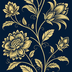 Fototapeta premium Elegant floral pattern in gold and navy seamlessly repeating across the design