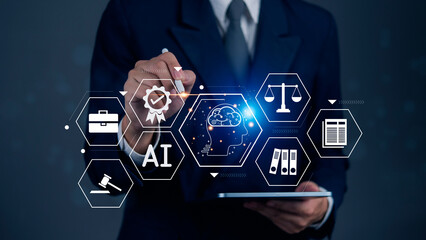 man holding a tablet with icons related to artificial intelligence, law, and justice. Modern legal system, data management, and legal advisory services. Judicial innovation and technology.