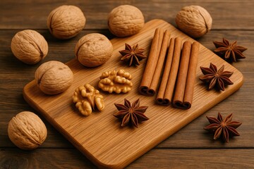 Close-up of assorted nuts and aromatic spices arranged on a wooden surface