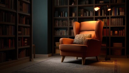 Peaceful reading room with comfortable chair, shelves full of books, and soft warm lighting.