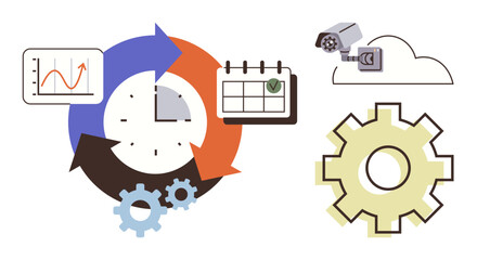 Clock with arrows, data chart, calendar, CCTV camera, cloud, and gear representing workflow, efficiency, monitoring automation organization productivity and analysis. Ideal for operations