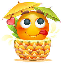 Summer emoji with pineapple cocktail on white background. Cheerful summer emoticon with cocktail straw and umbrella. Positive vibes, good mood, vacation, travel, holiday concept