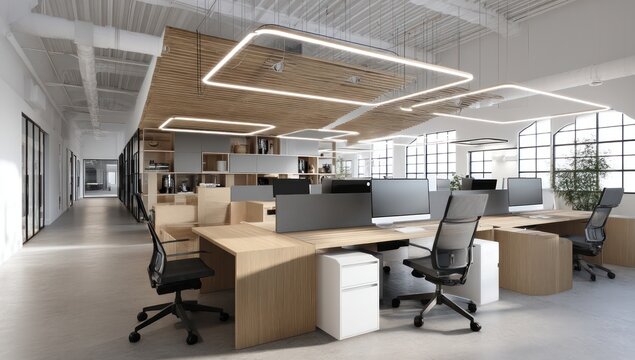 Modern office workspace featuring uncluttered design, sleek lighting, and an inviting atmosphere.