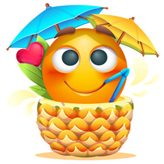 Summer emoji with pineapple cocktail on white background. Cheerful summer emoticon with cocktail straw and umbrella. Positive vibes, good mood, vacation, travel, holiday concept